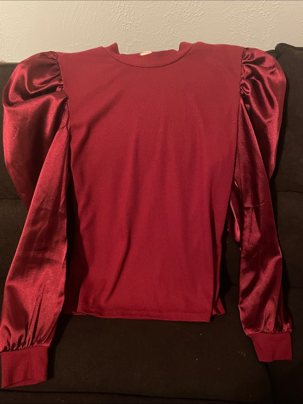 Women's Burgundy Puff-Sleeve Satin Mix Top